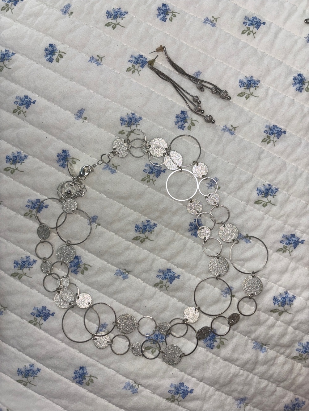 Silver Multi-Circle Layered Necklace and earring set
